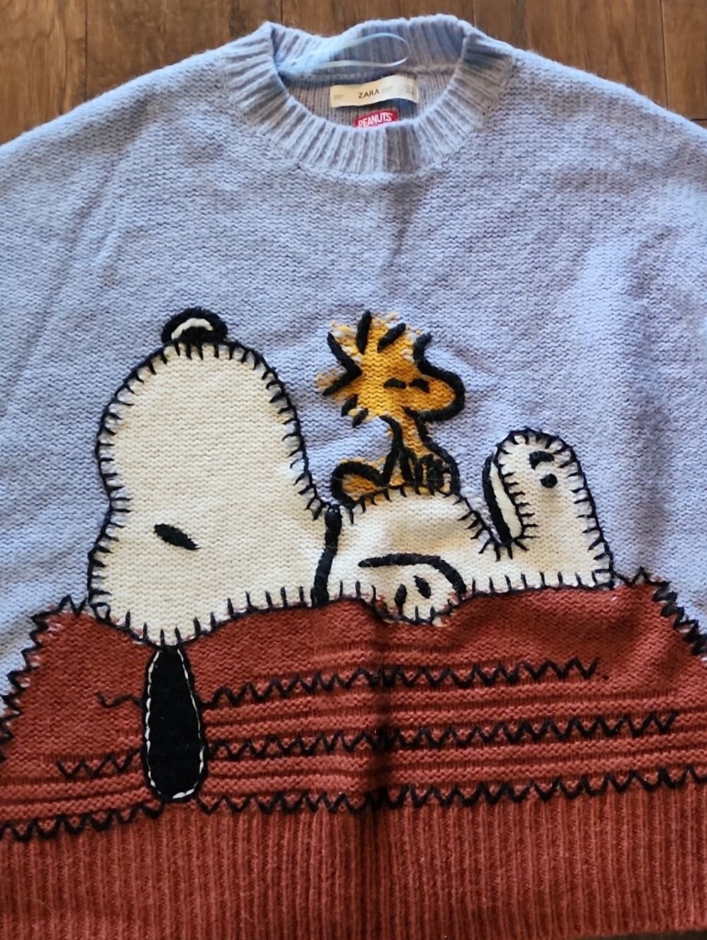 Zara Light Blue Crewneck Sweater with Snoopy & Woodstock and Rust Panel